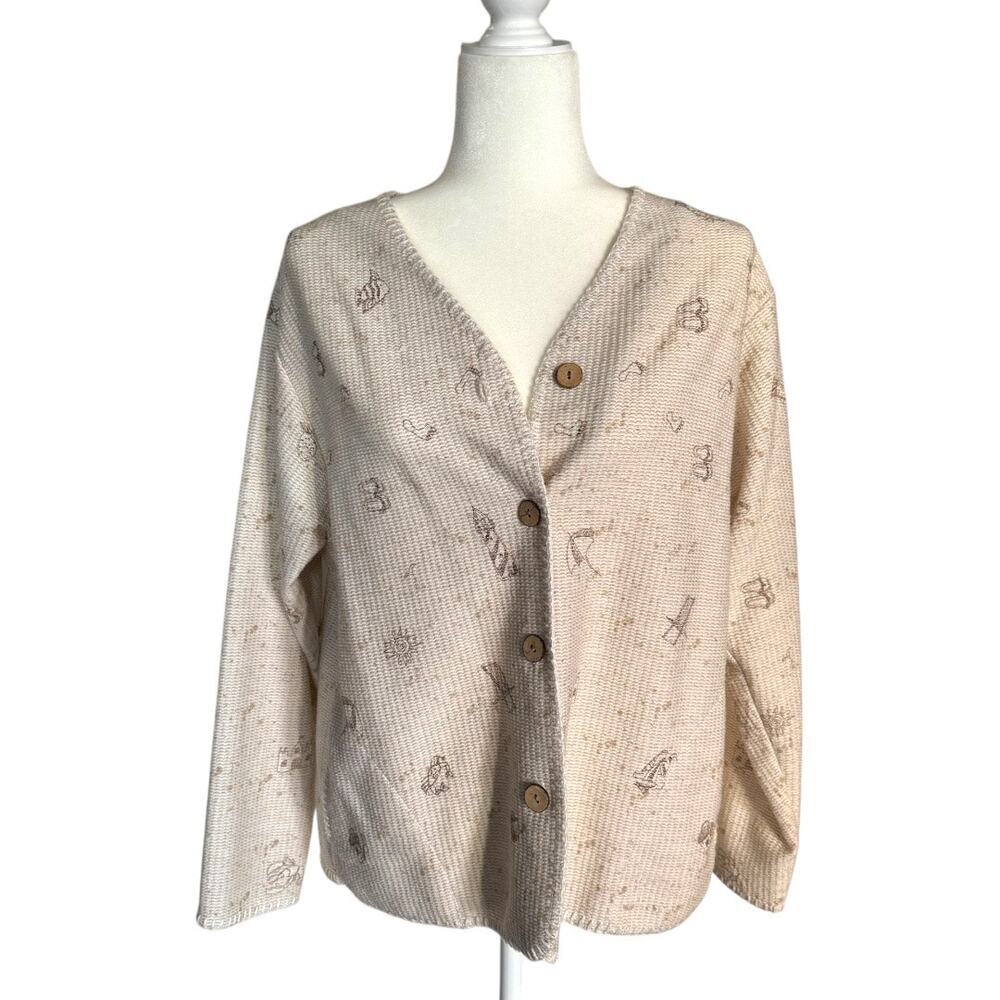 Artisans Vintage Beach Print Knit Sweater Cardigan Coastal Size L/XL